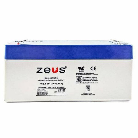 ZEUS BATTERY PRODUCTS 3.2Ah 6V F1 Sealed Lead Acid Battery PC3.4-6F1